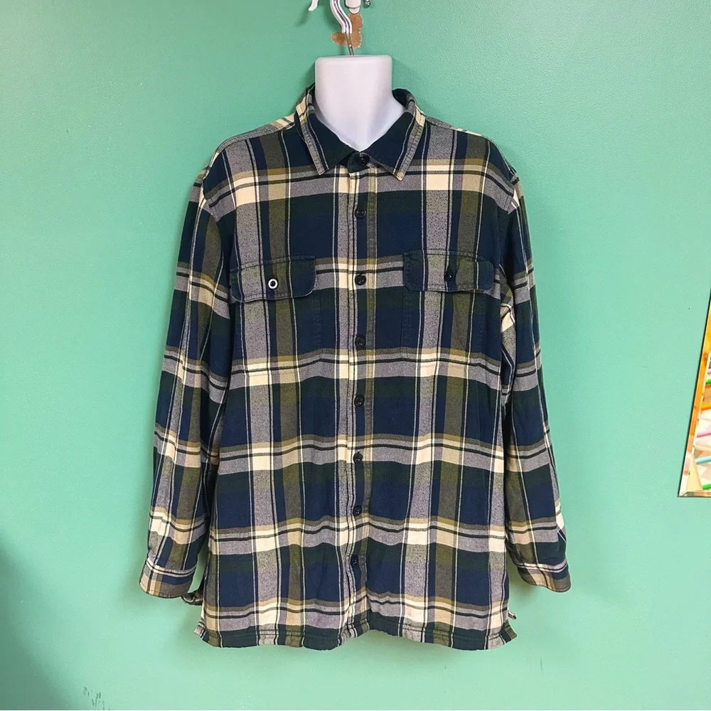 LL Bean Blue Green Yellow Plaid Fleece Lined Flannel Shirt Traditional Fit XL TL